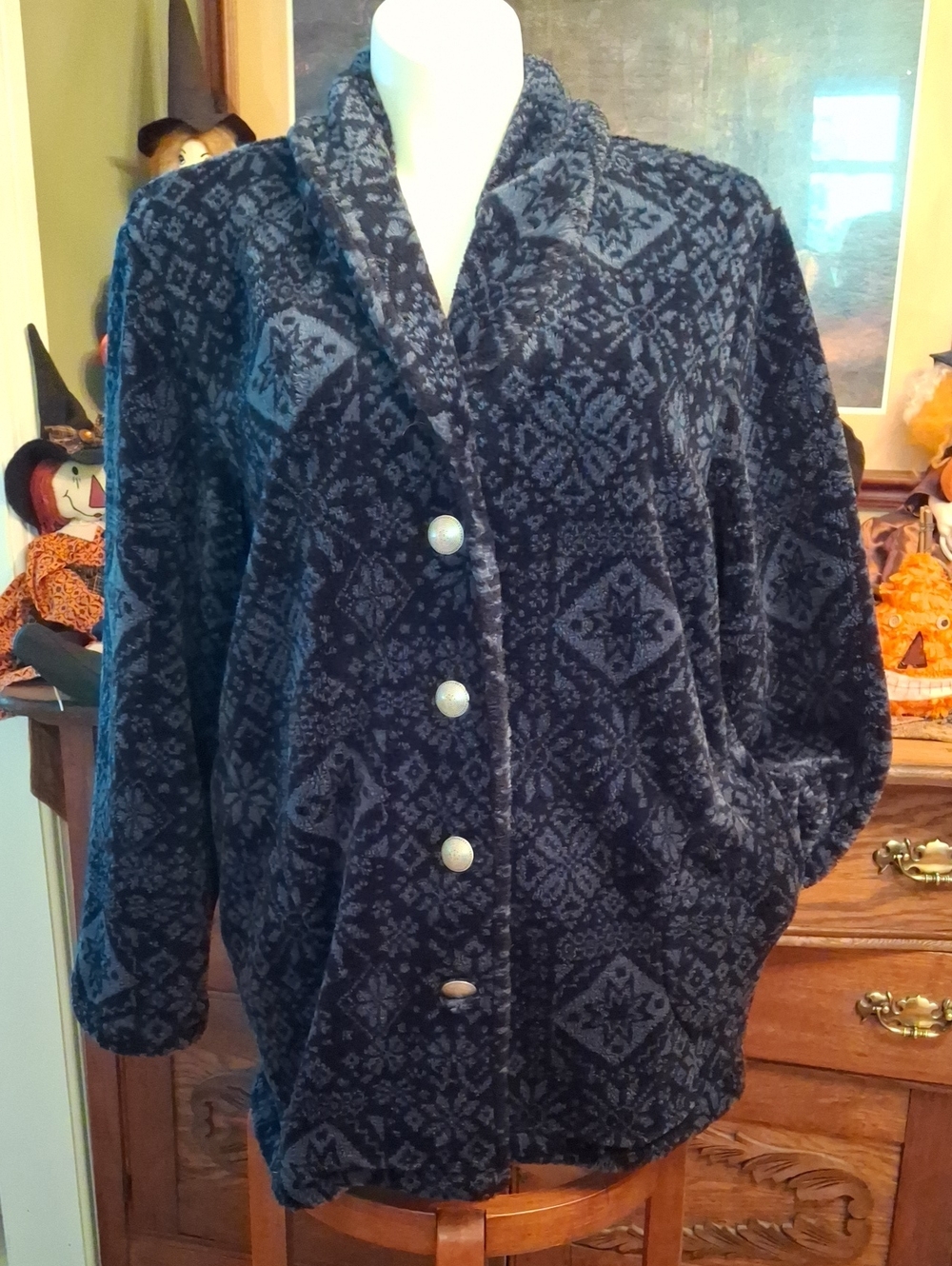 Sonoma Navy Patterned Teddy Jacket with Shawl Collar